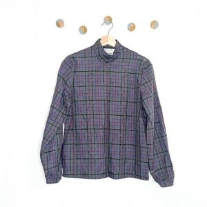 Christian Dior Plaid Silk Top Vintage Gray Stand-Up Collar
